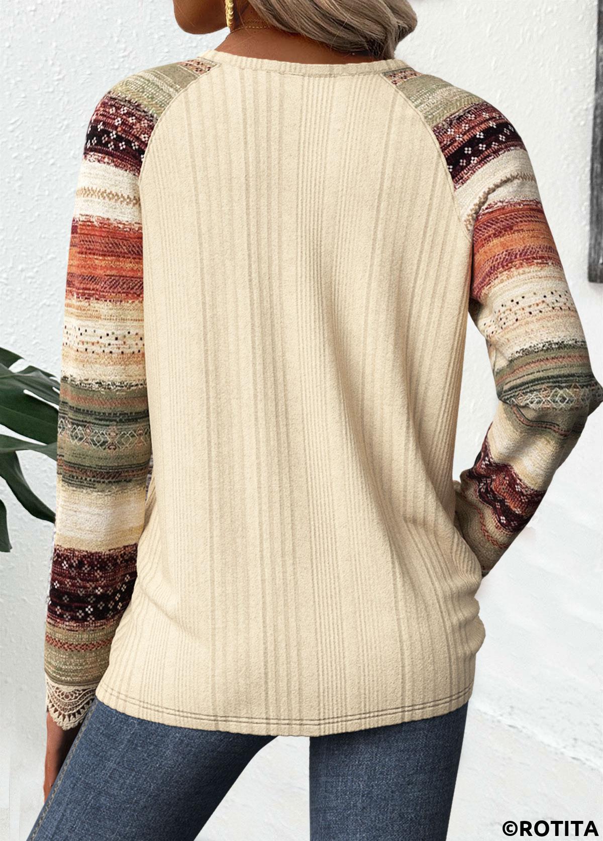 Beige plus size,Striped plus size,Geometric plus size,ROTITA Plus Size Embroidery Beige Striped V Neck T Shirt