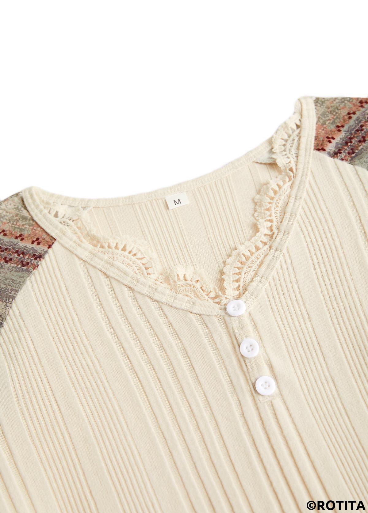 Beige plus size,Striped plus size,Geometric plus size,ROTITA Plus Size Embroidery Beige Striped V Neck T Shirt