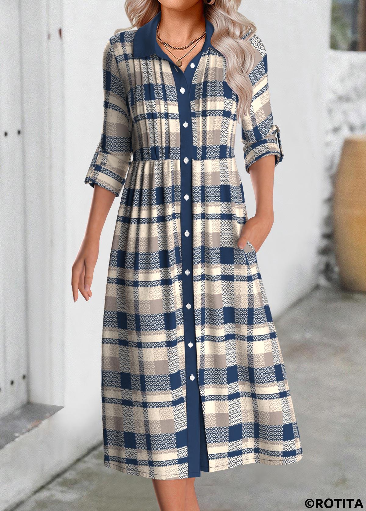 Multi Color dresses,Plaid dresses,Geometric dresses,Everyday dresses,Casual dresses,ROTITA Button Plaid Multi Color Shirt Collar Long Sleeve Dress
