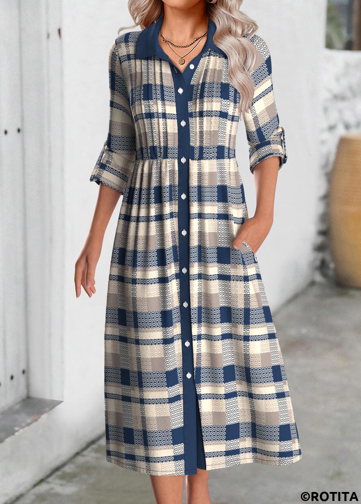 Multi Color dresses,Plaid dresses,Geometric dresses,Everyday dresses,Casual dresses,ROTITA Button Plaid Multi Color Shirt Collar Long Sleeve Dress