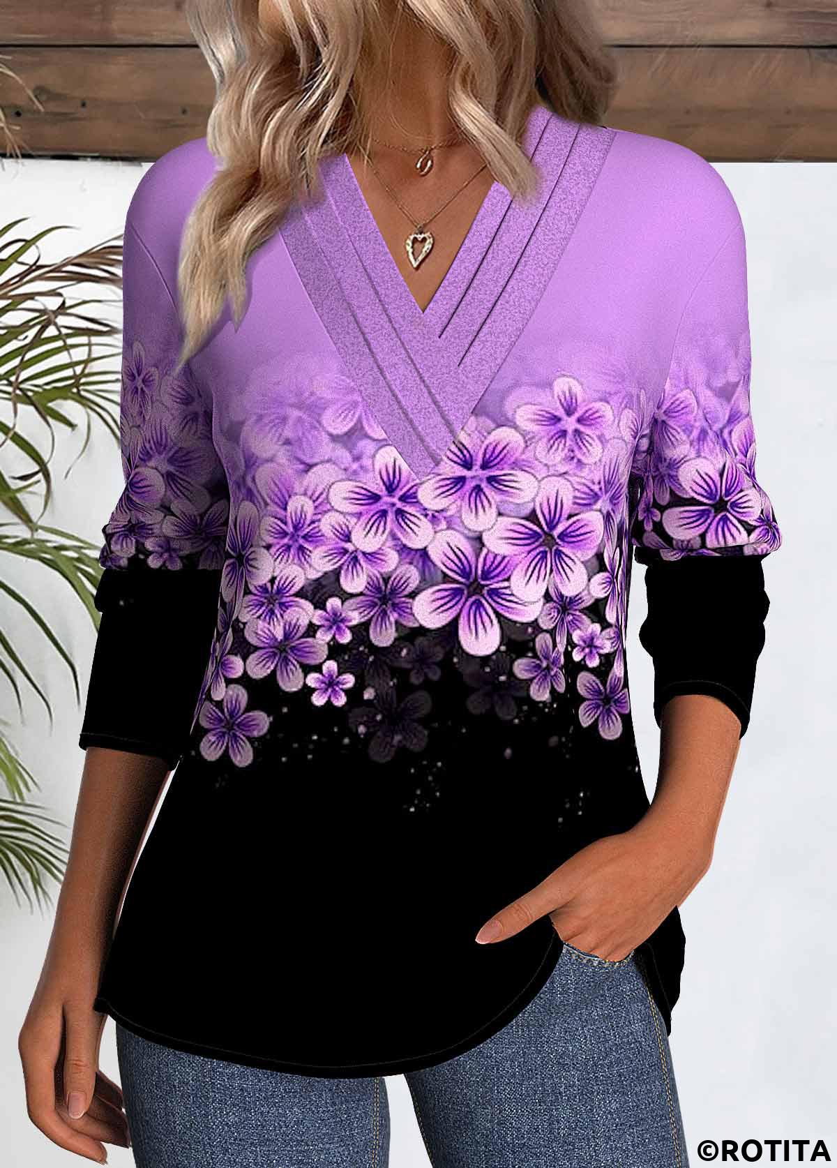 ROTITA Patchwork Floral Print Purple Round Neck T Shirt