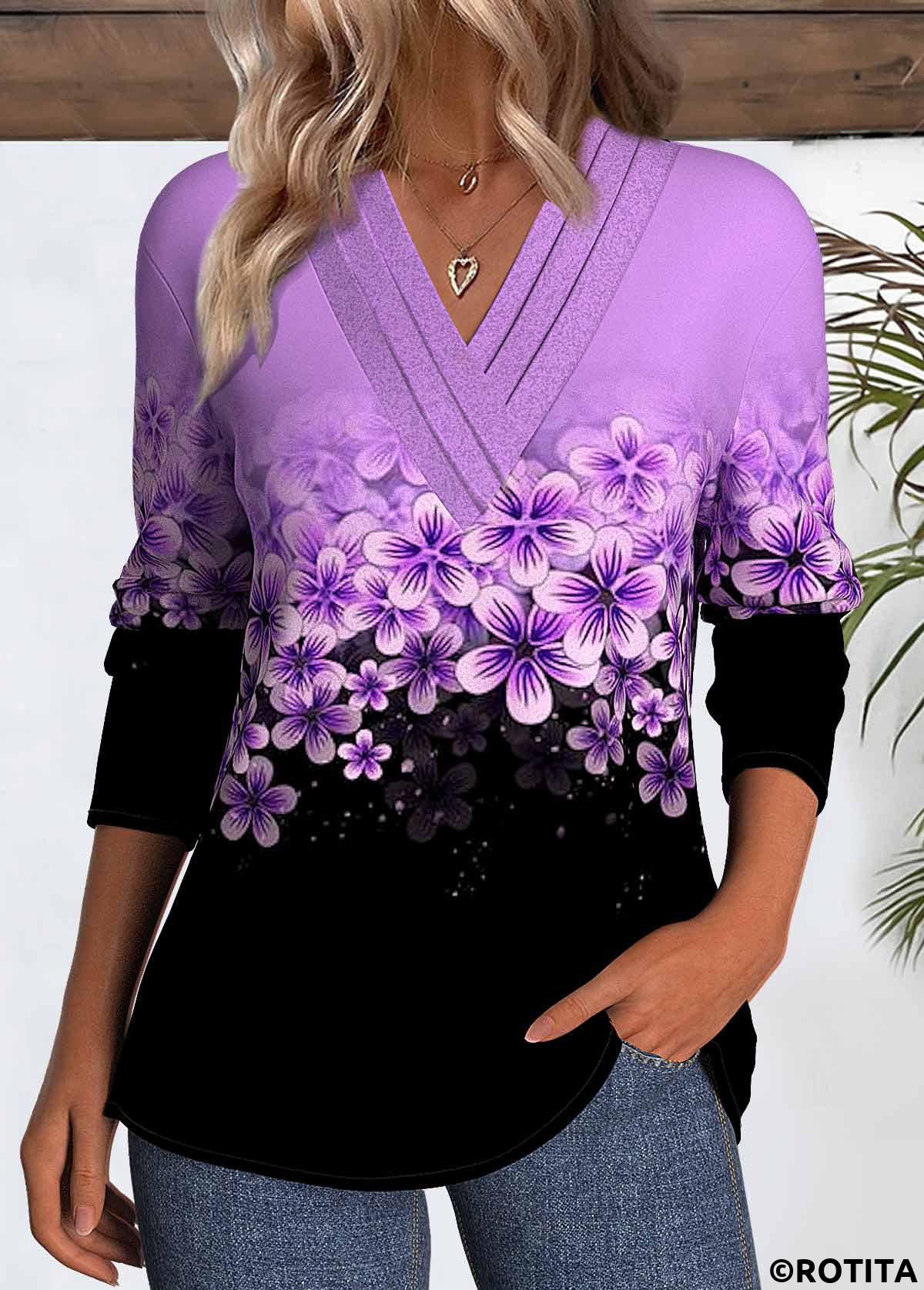 ROTITA Patchwork Floral Print Purple Round Neck T Shirt