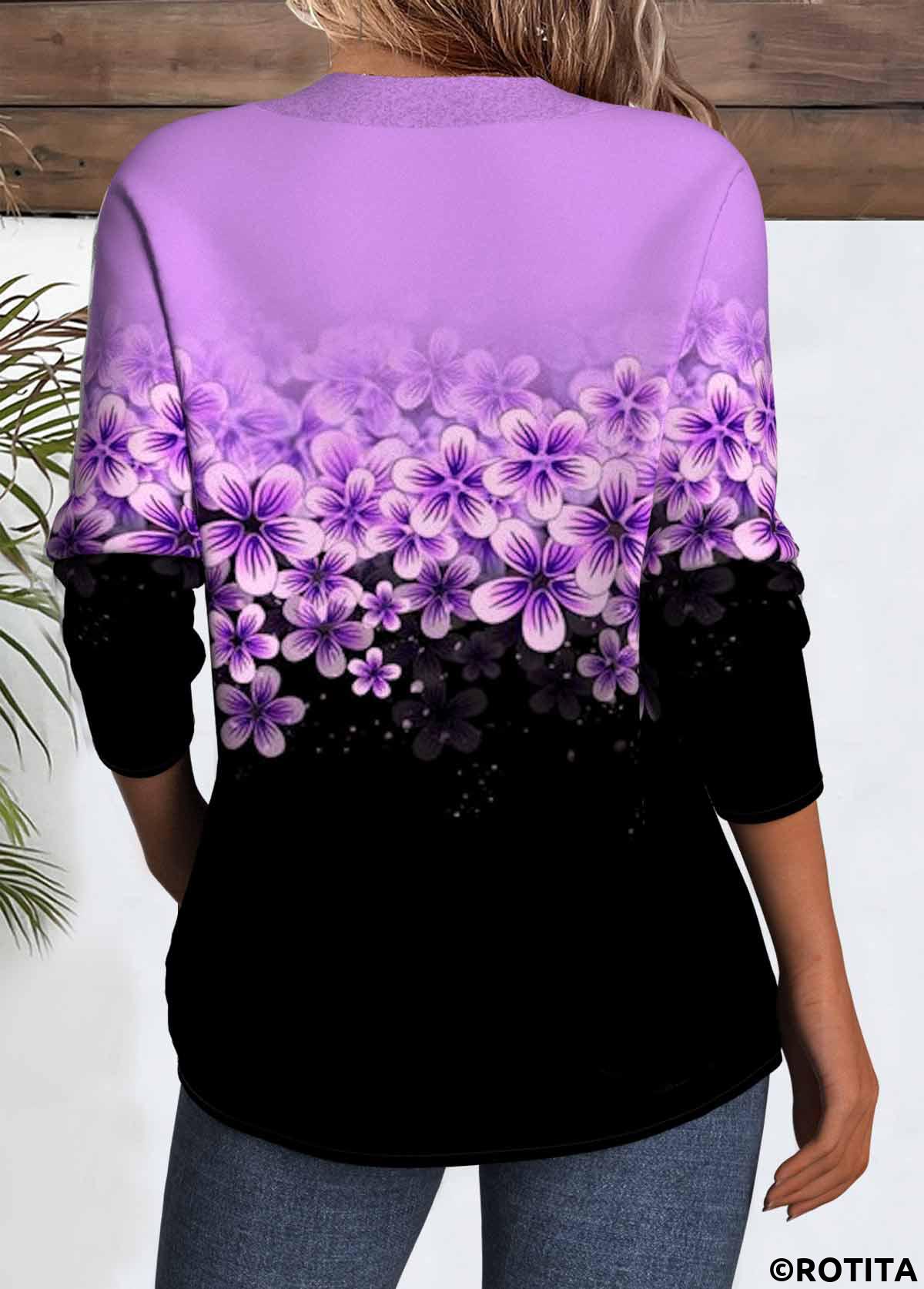 ROTITA Patchwork Floral Print Purple Round Neck T Shirt