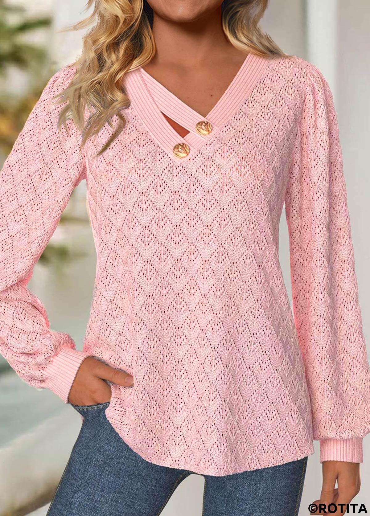 T-shirt à manches longues et col en V en jacquard rose clair Rotita