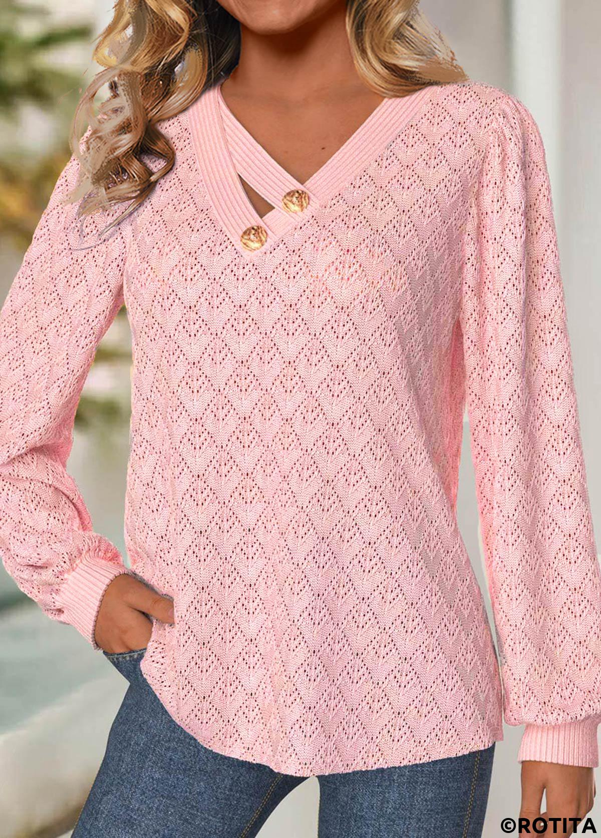 T-shirt à manches longues et col en V en jacquard rose clair Rotita