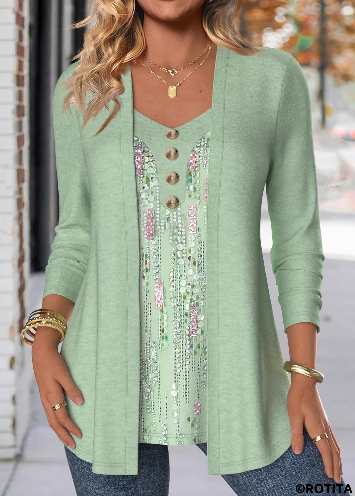 Light Green tops,Geometric tops,ROTITA Button Geometric Print Light Green Fake Two Piece Twinset