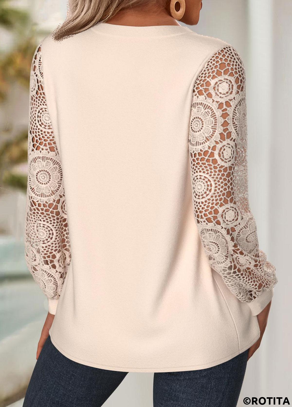 Beige tops,Plain Color tops,ROTITA Embroidery Beige Split Neck Long Sleeve Blouse