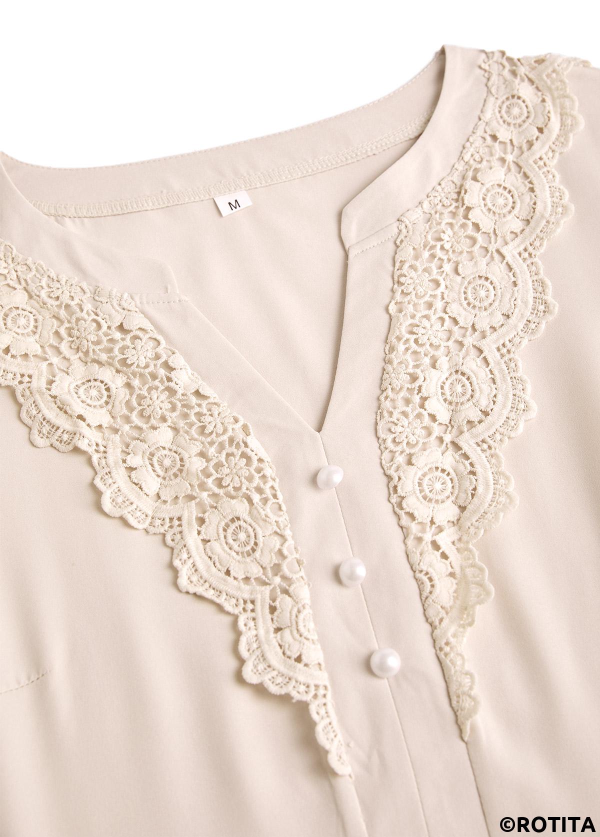 Beige tops,Plain Color tops,ROTITA Embroidery Beige Split Neck Long Sleeve Blouse