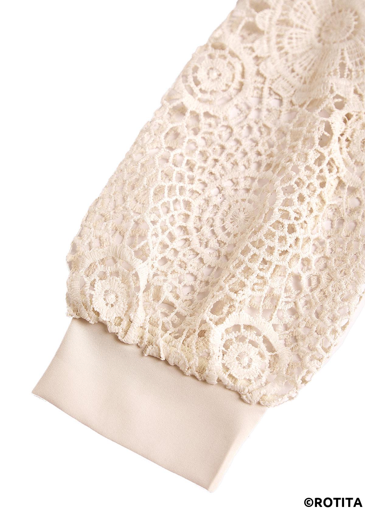 Beige tops,Plain Color tops,ROTITA Embroidery Beige Split Neck Long Sleeve Blouse
