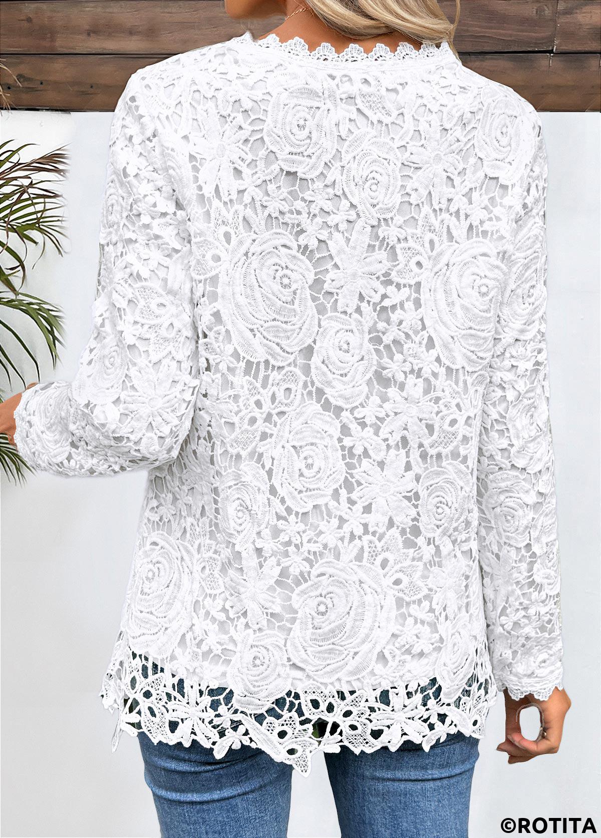 White tops,Plain Color tops,ROTITA Embroidery White Round Neck Long Sleeve T Shirt