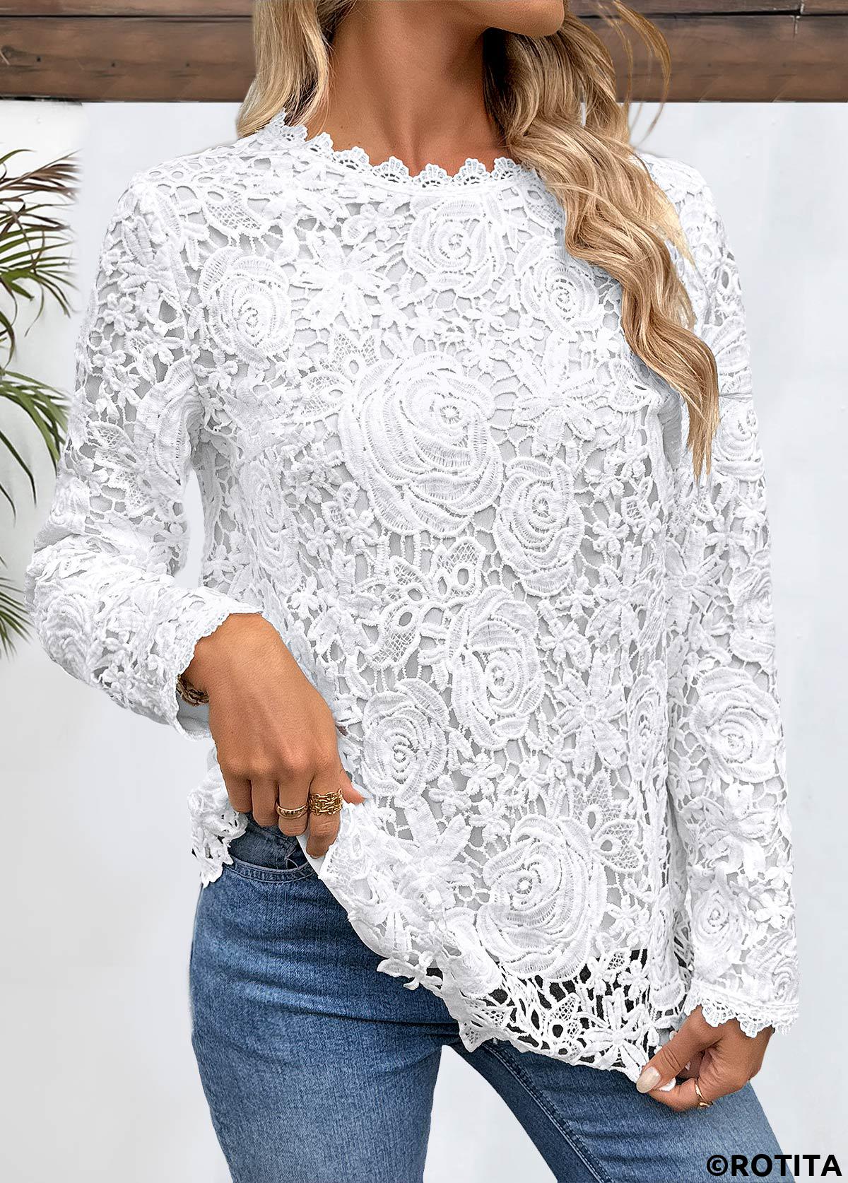 White tops,Plain Color tops,ROTITA Embroidery White Round Neck Long Sleeve T Shirt