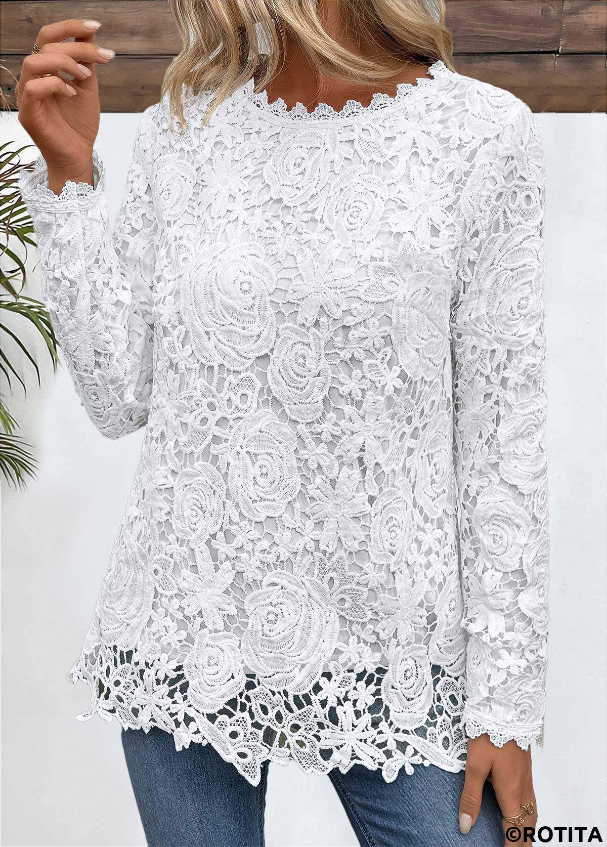 White tops,Plain Color tops,ROTITA Embroidery White Round Neck Long Sleeve T Shirt