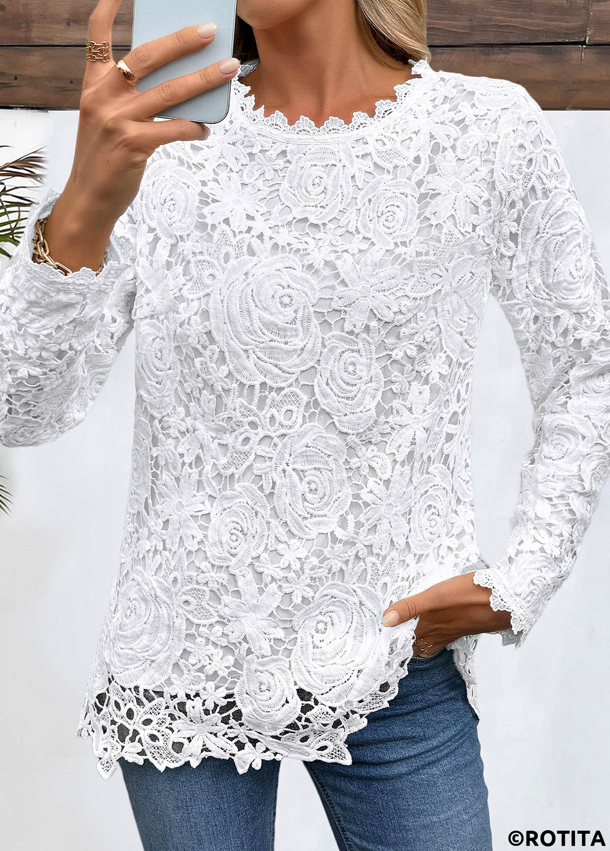 White tops,Plain Color tops,ROTITA Embroidery White Round Neck Long Sleeve T Shirt