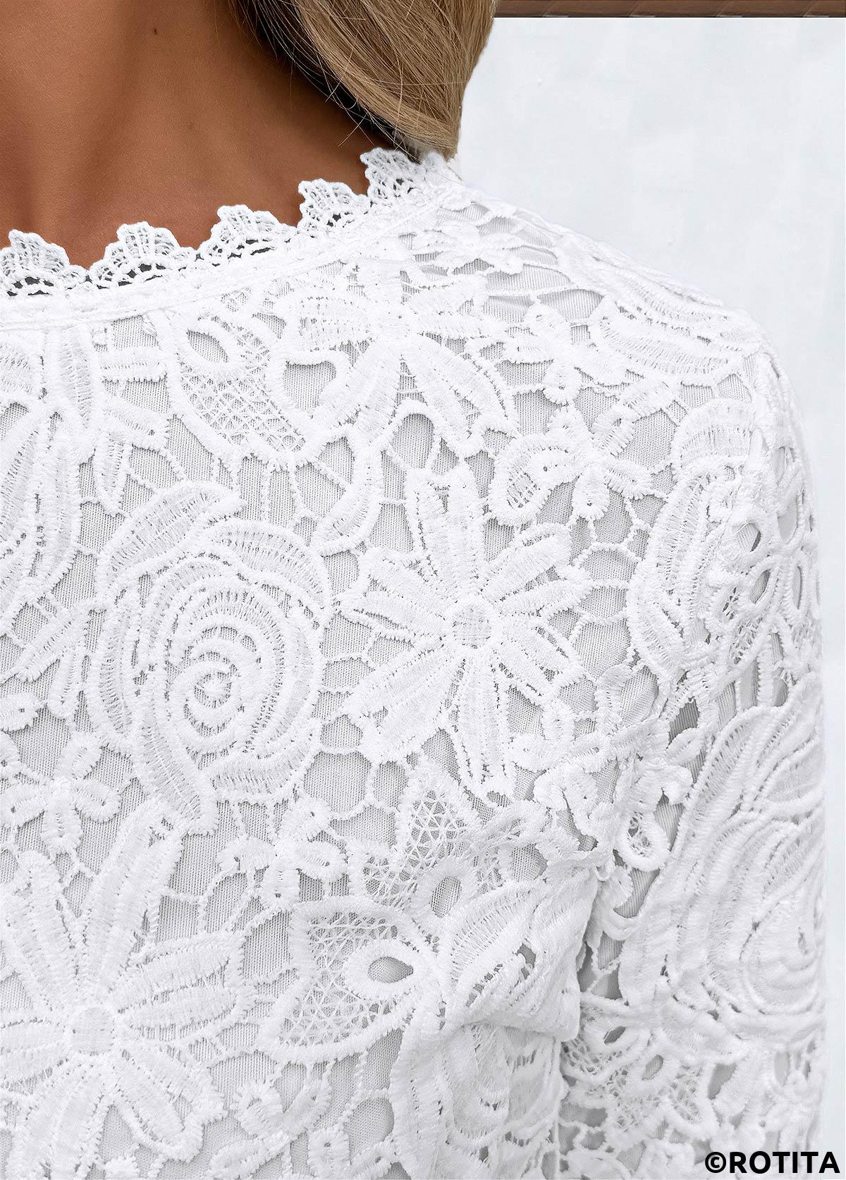White tops,Plain Color tops,ROTITA Embroidery White Round Neck Long Sleeve T Shirt