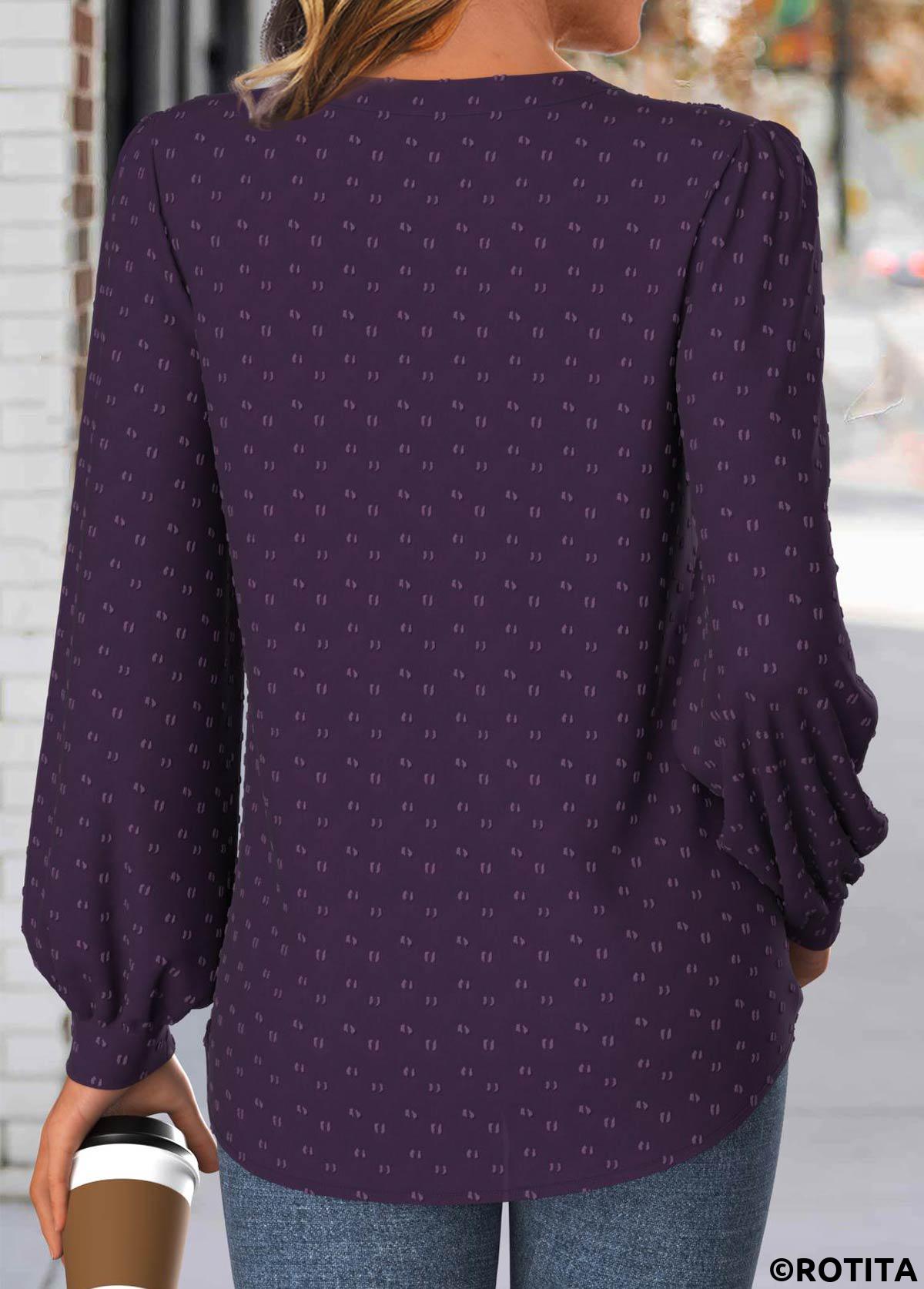 Purple tops,Plain Color tops,ROTITA Embroidery Purple Split Neck Long Sleeve Blouse