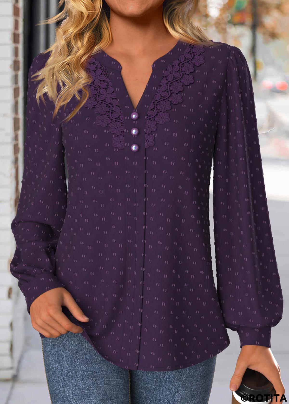 Purple tops,Plain Color tops,ROTITA Embroidery Purple Split Neck Long Sleeve Blouse