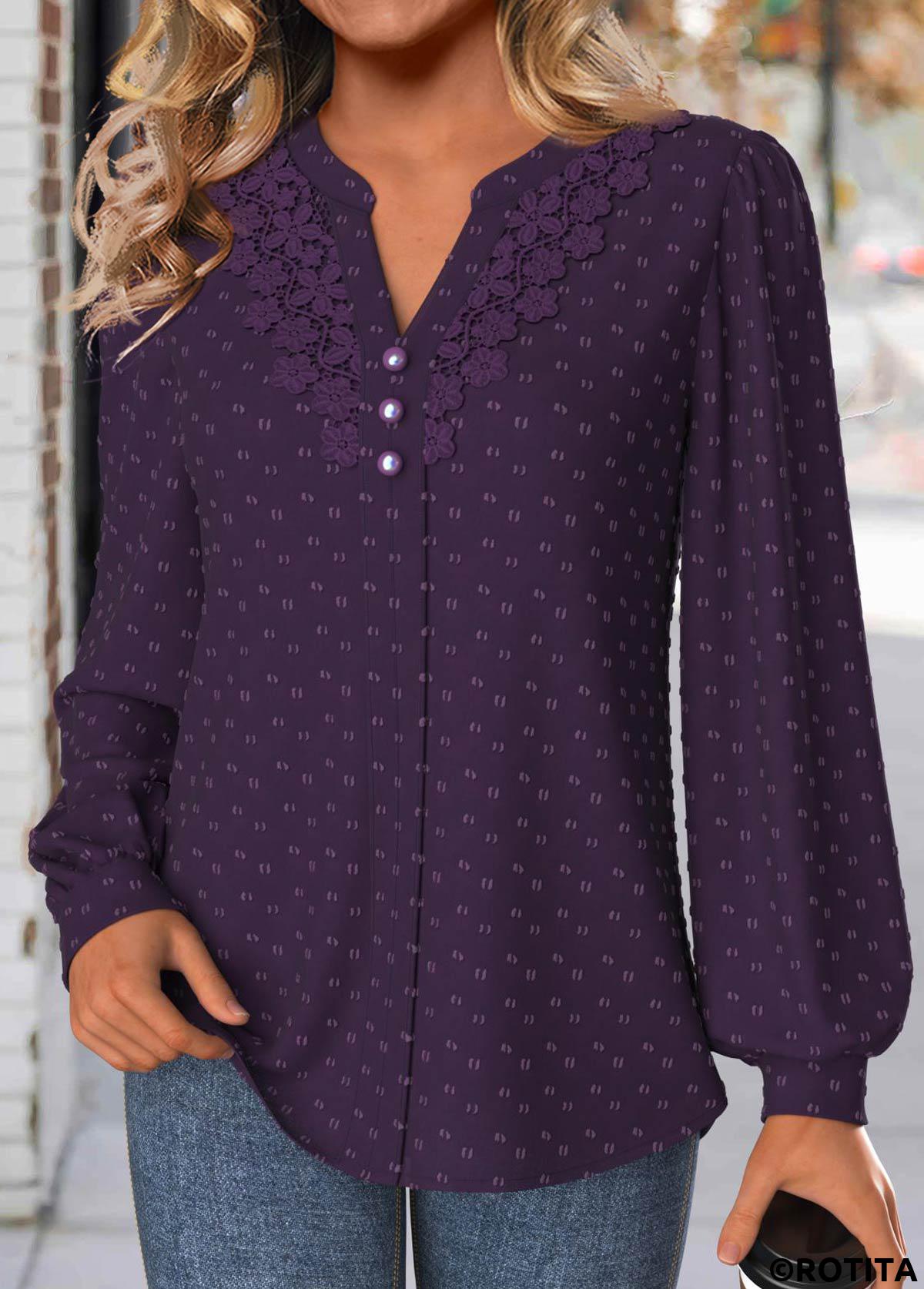 Purple tops,Plain Color tops,ROTITA Embroidery Purple Split Neck Long Sleeve Blouse