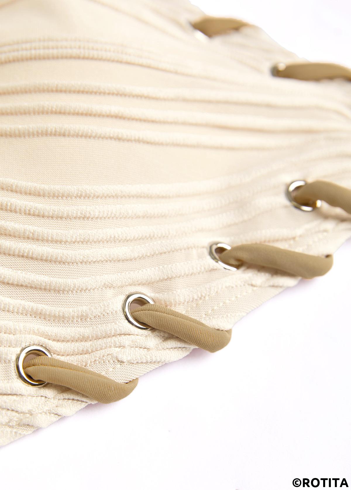 Beige swimwear,Plain Color swimwear,ROTITA Eyelet Beige Tie Jacquard Bikini Set