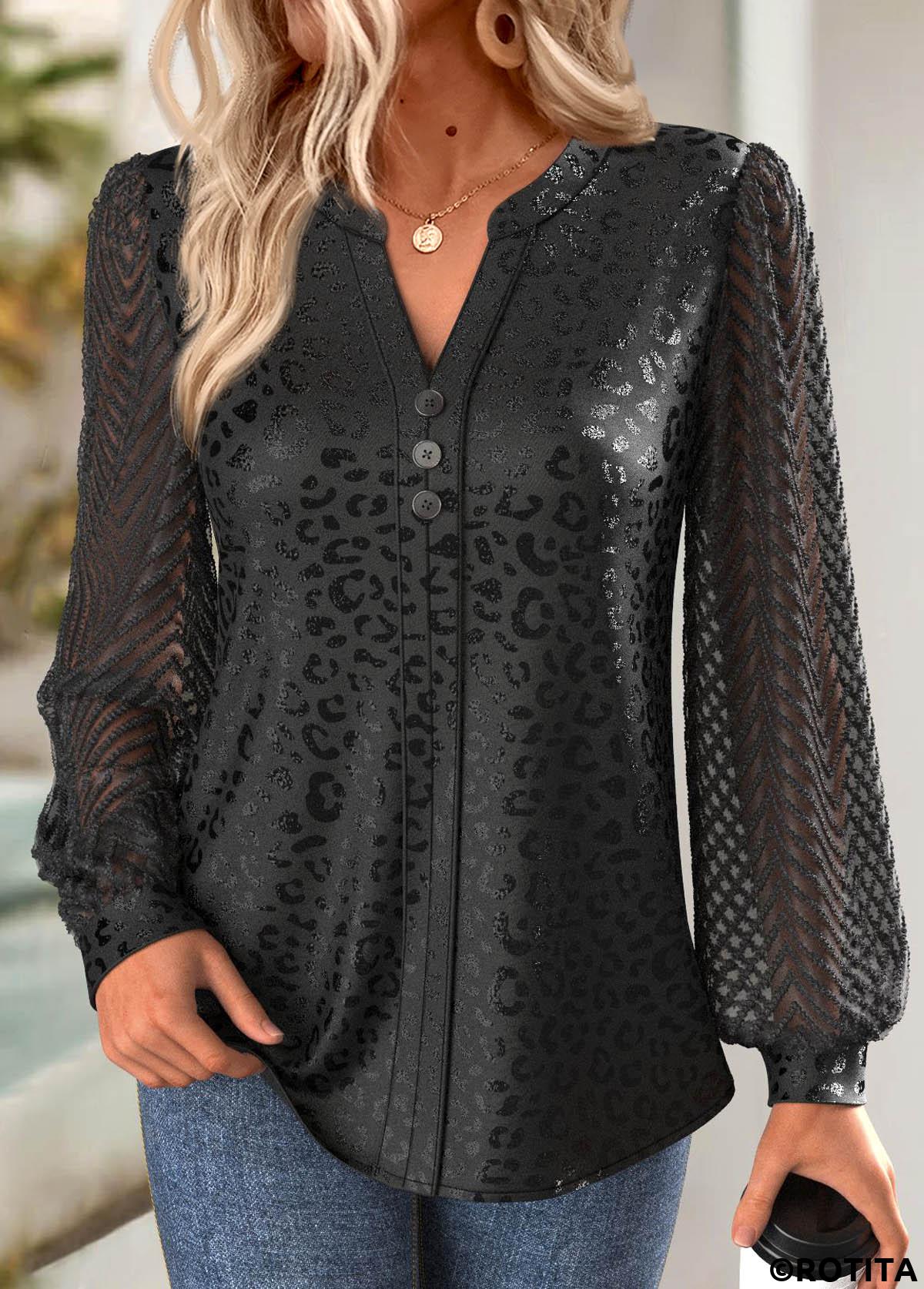 Black tops,Plain Color tops,ROTITA Jacquard Black Split Neck Long Sleeve Blouse