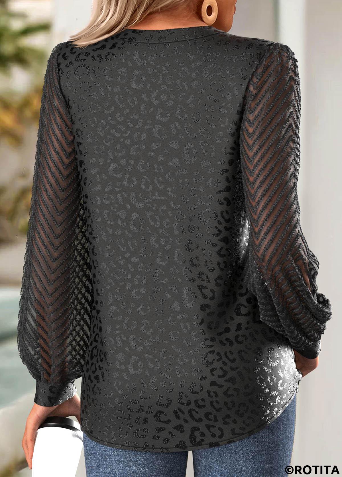 Black tops,Plain Color tops,ROTITA Jacquard Black Split Neck Long Sleeve Blouse