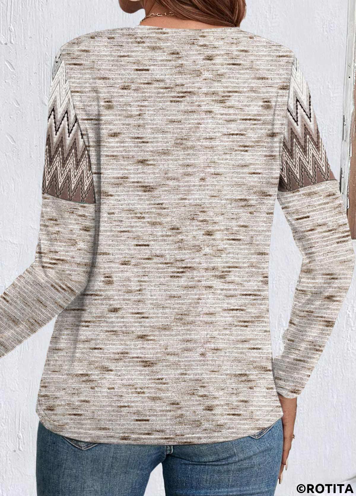 Light Coffee tops,Chevron tops,ROTITA Button Chevron Print Light Coffee Round Neck T Shirt