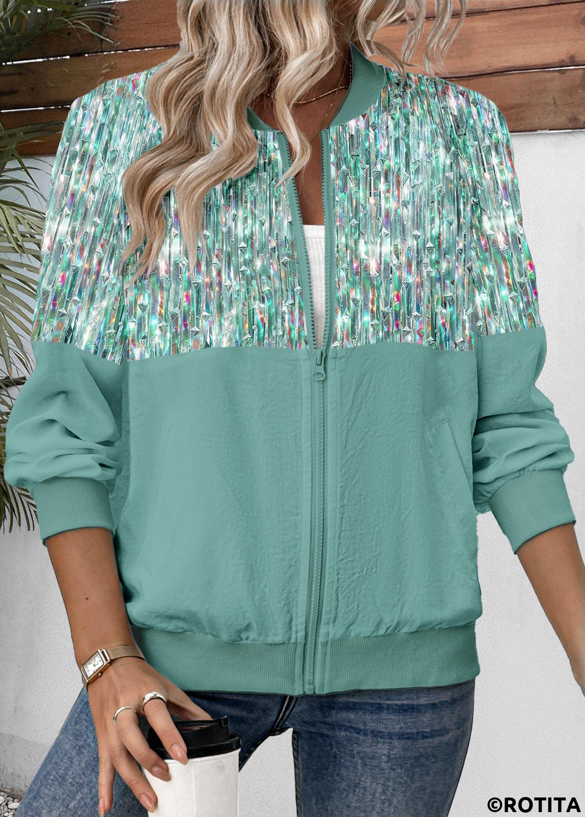 Sage Green tops,Dazzle Colorful tops,ROTITA Zipper Dazzle Colorful Print Sage Green Track Jacket