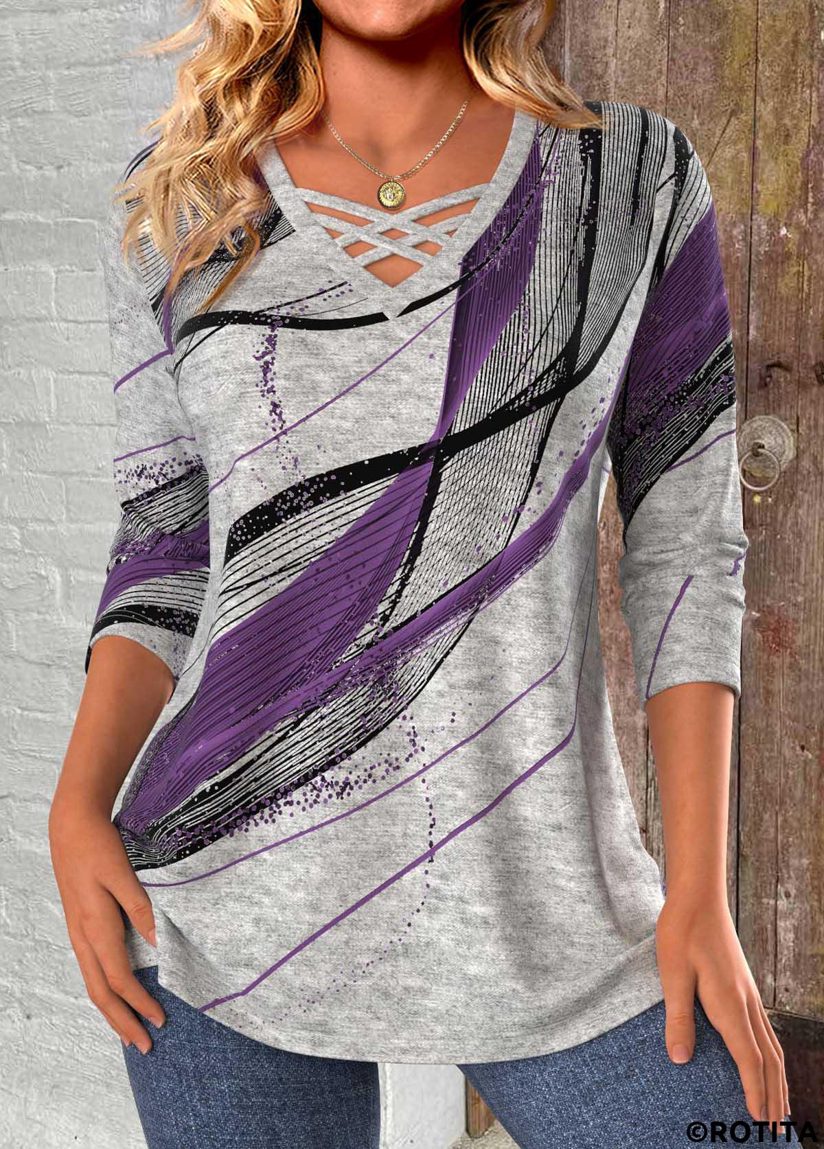 Dark Purple tops,Geometric tops,ROTITA Criss Cross Geometric Print Light Grey Marl T Shirt