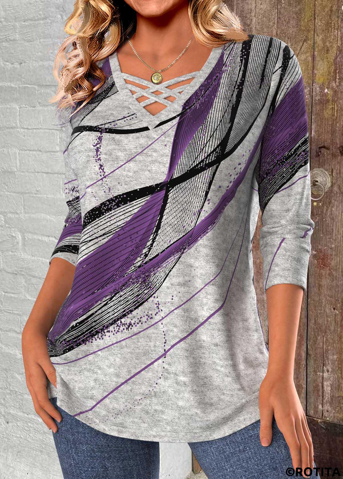 Dark Purple tops,Geometric tops,ROTITA Criss Cross Geometric Print Light Grey Marl T Shirt
