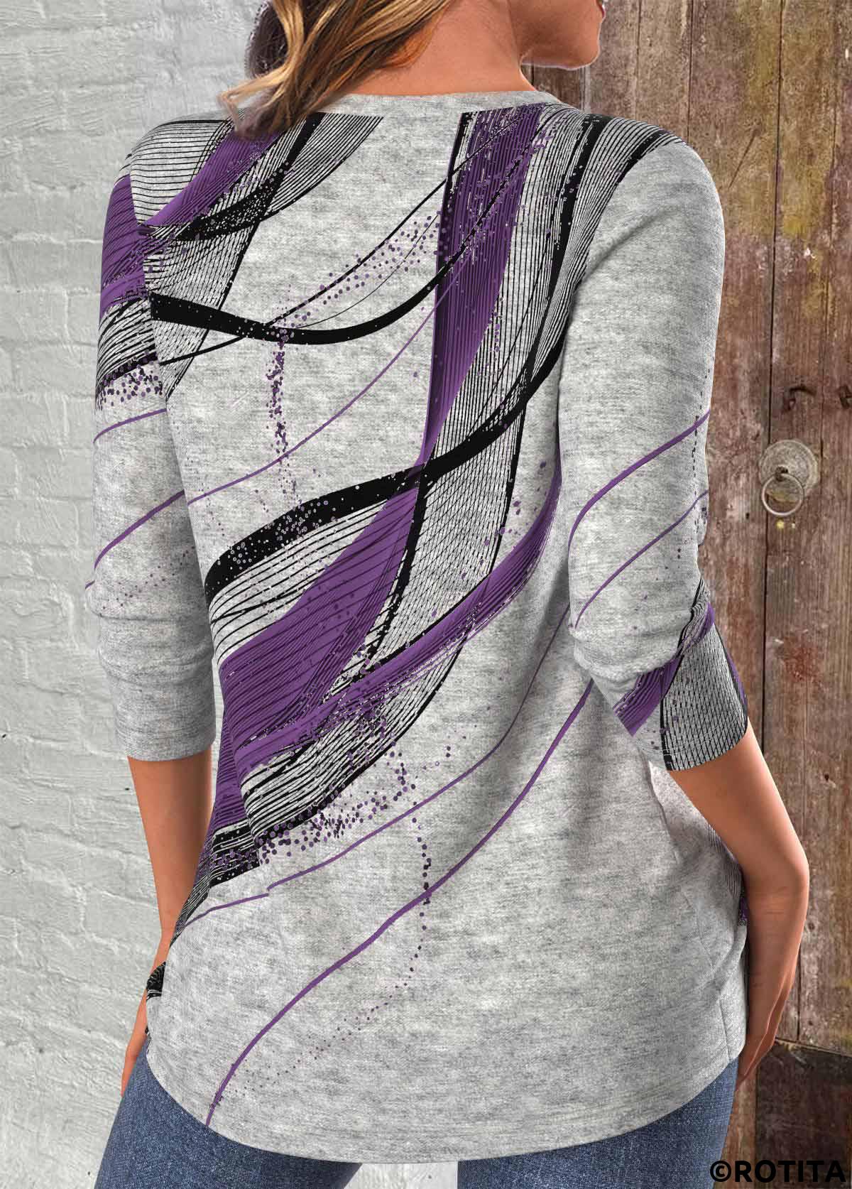 Dark Purple tops,Geometric tops,ROTITA Criss Cross Geometric Print Light Grey Marl T Shirt