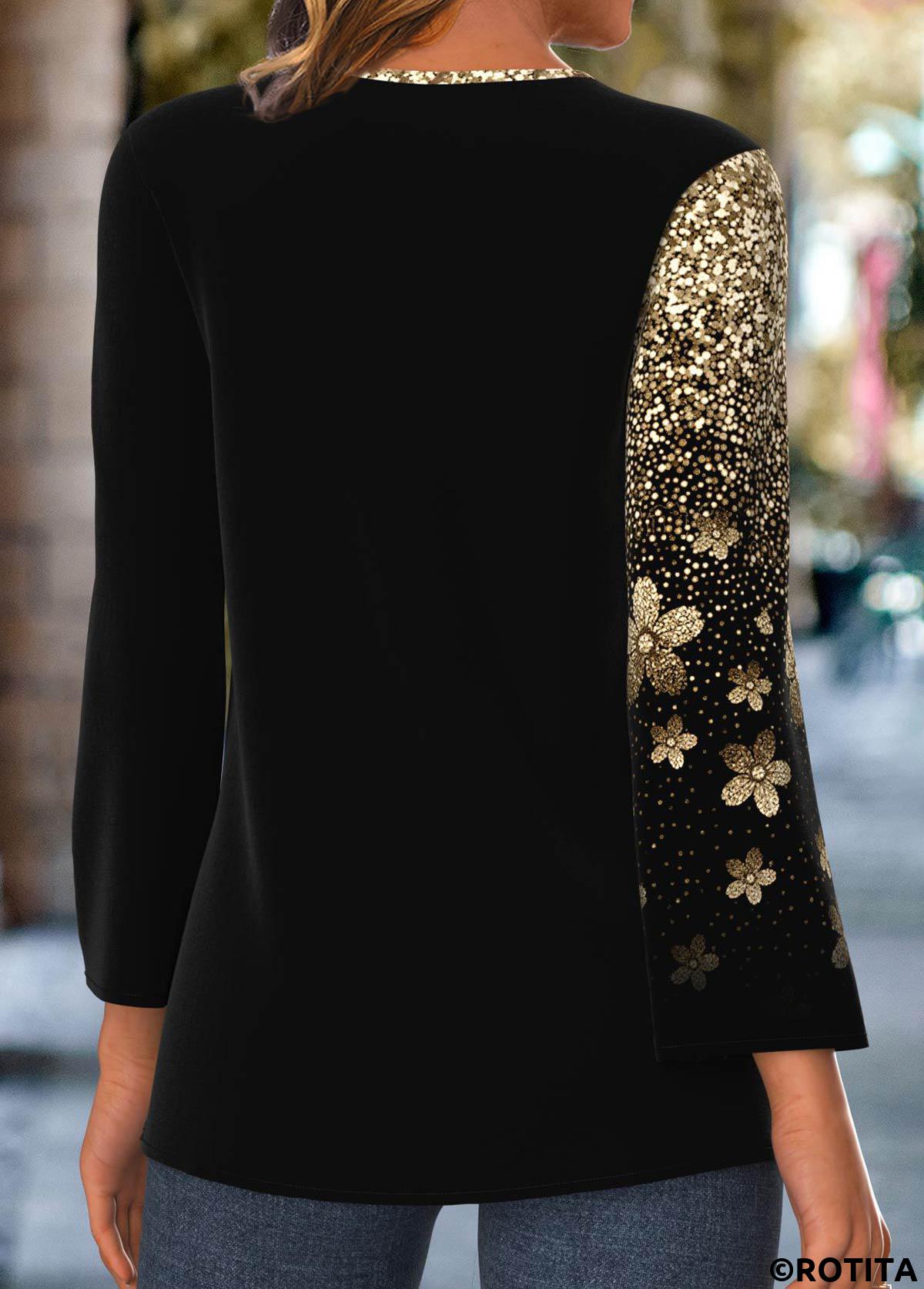 Black tops,Ombre tops,ROTITA Patchwork Ombre Black Split Neck Long Sleeve Blouse