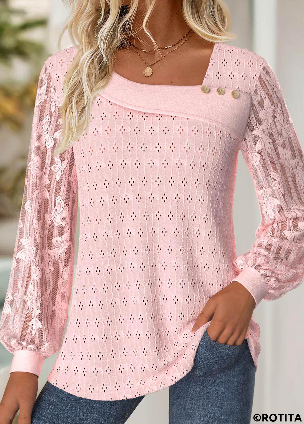 Hellrosa T-Shirt mit asymmetrischem Ausschnitt und langen Ärmeln aus Rotita-Spitze
