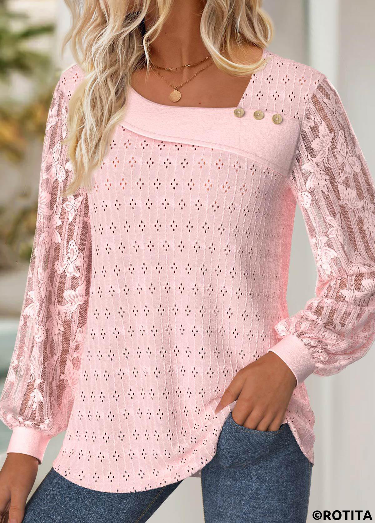 Hellrosa T-Shirt mit asymmetrischem Ausschnitt und langen Ärmeln aus Rotita-Spitze