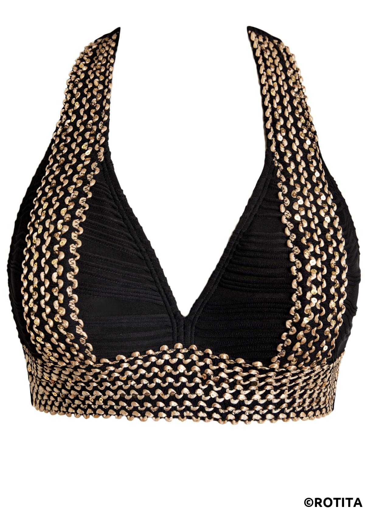 Black swimwear,Plain Color swimwear,ROTITA Jacquard Black Patchwork Tie Bikini Set
