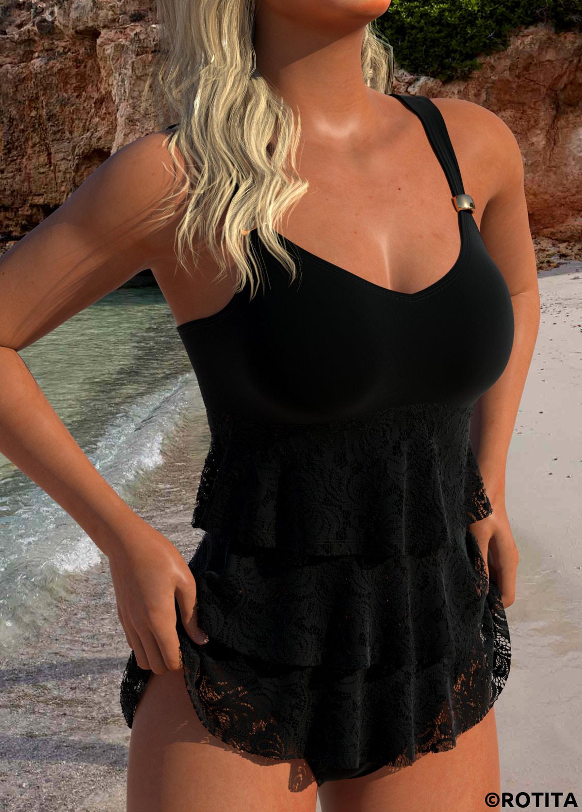 Black swimwear,Plain Color swimwear,ROTITA Lace V Neck Black Tankini Set
