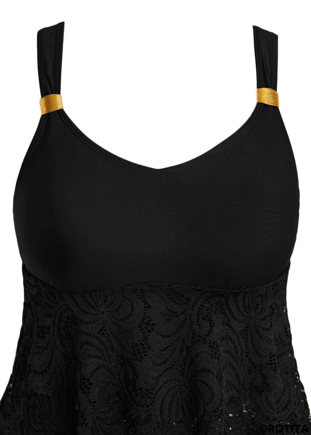 Black swimwear,Plain Color swimwear,ROTITA Lace V Neck Black Tankini Set