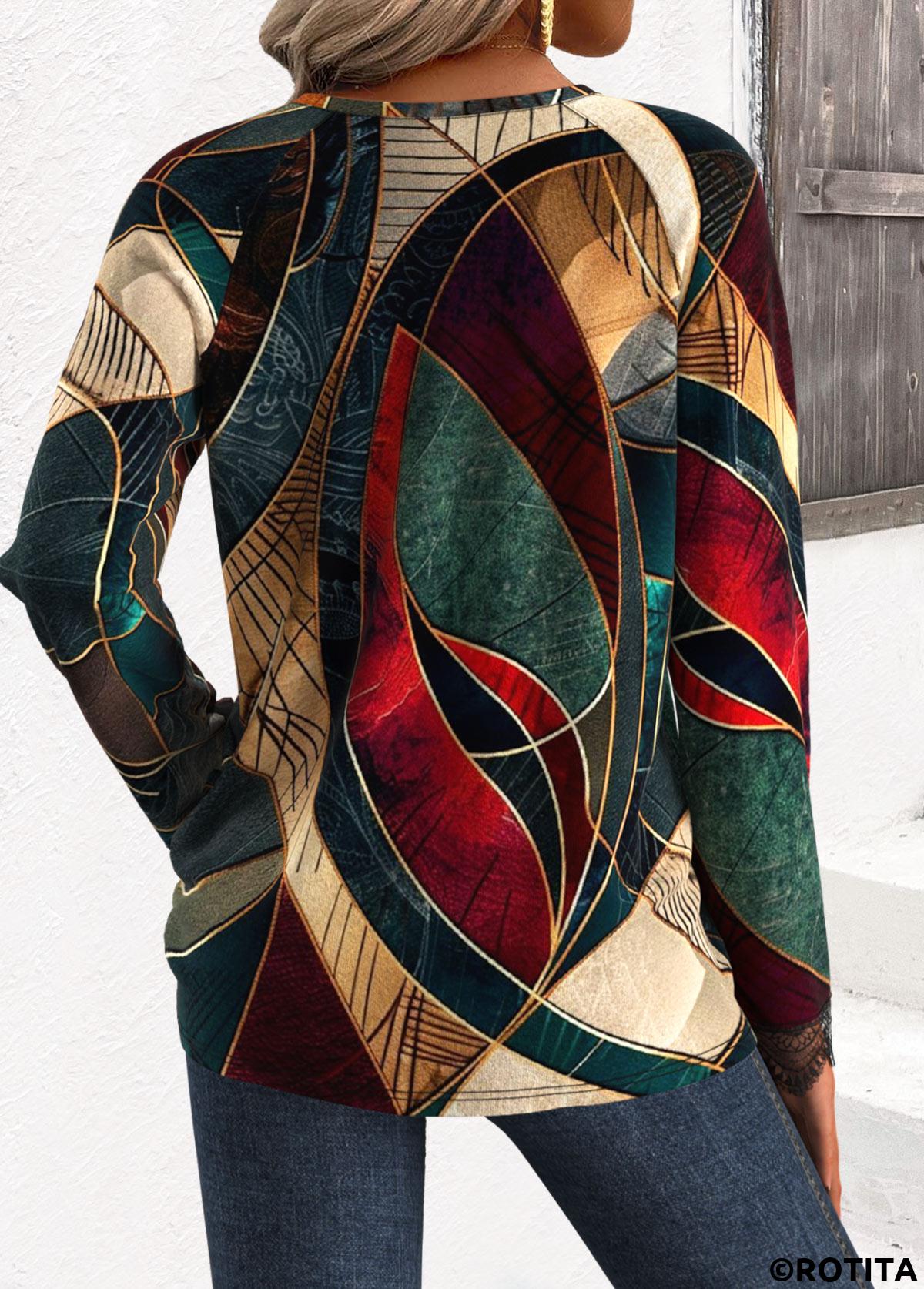 Multi Color tops,Geometric tops,ROTITA Embroidery Geometric Print Multi Color V Neck T Shirt