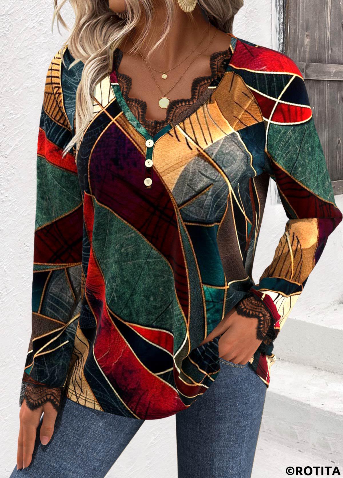 Multi Color tops,Geometric tops,ROTITA Embroidery Geometric Print Multi Color V Neck T Shirt