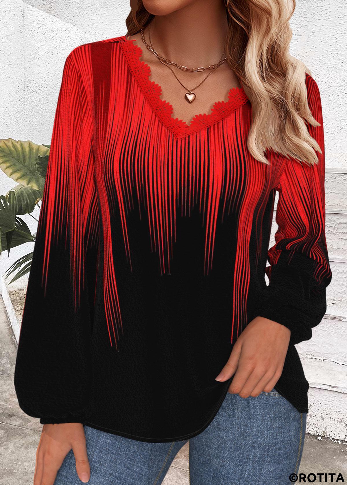 t-shirt à manches longues et col en V avec broderie Rotita rouge ombré