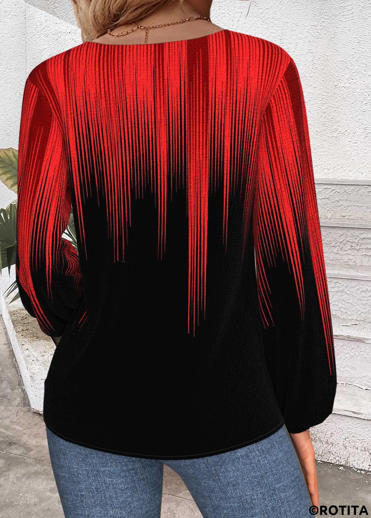 Red tops,Ombre tops,ROTITA Embroidery Ombre Red V Neck Long Sleeve T Shirt