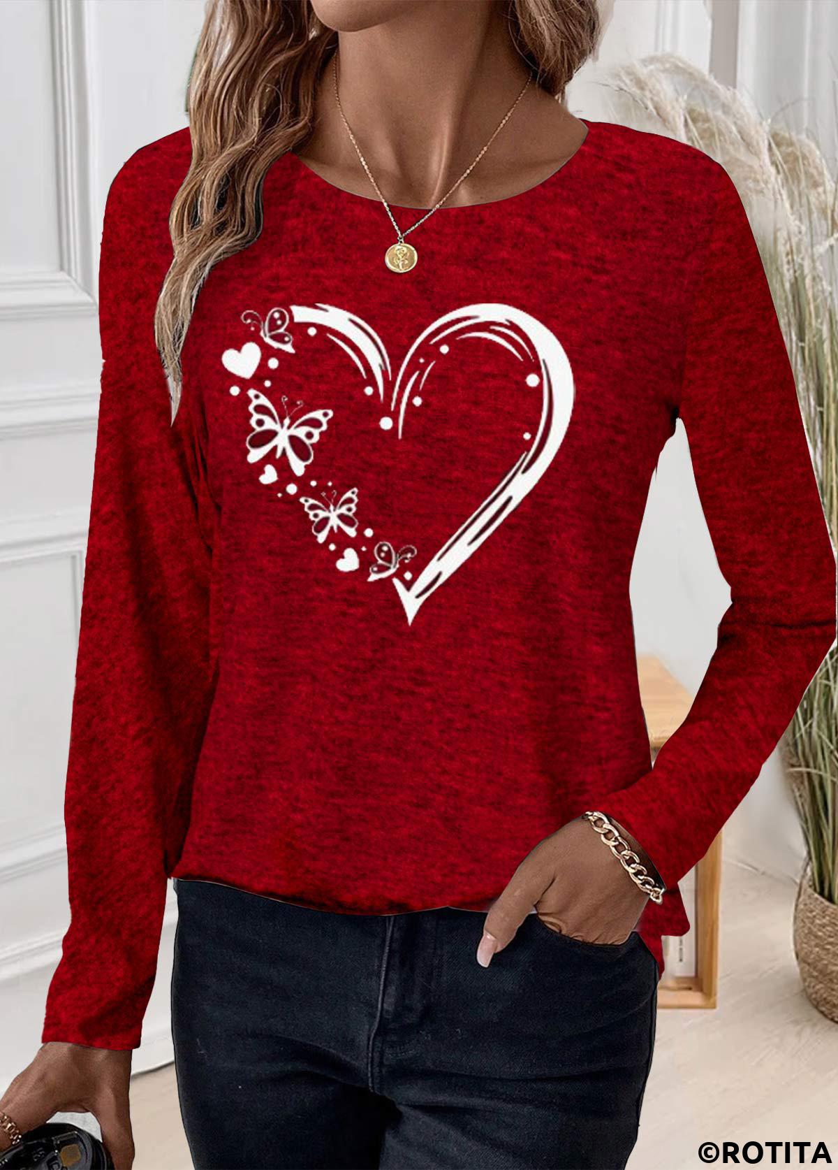 Red plus size,Heart plus size,Animal Print plus size,ROTITA Plus Size Patchwork Red Heart Print T Shirt
