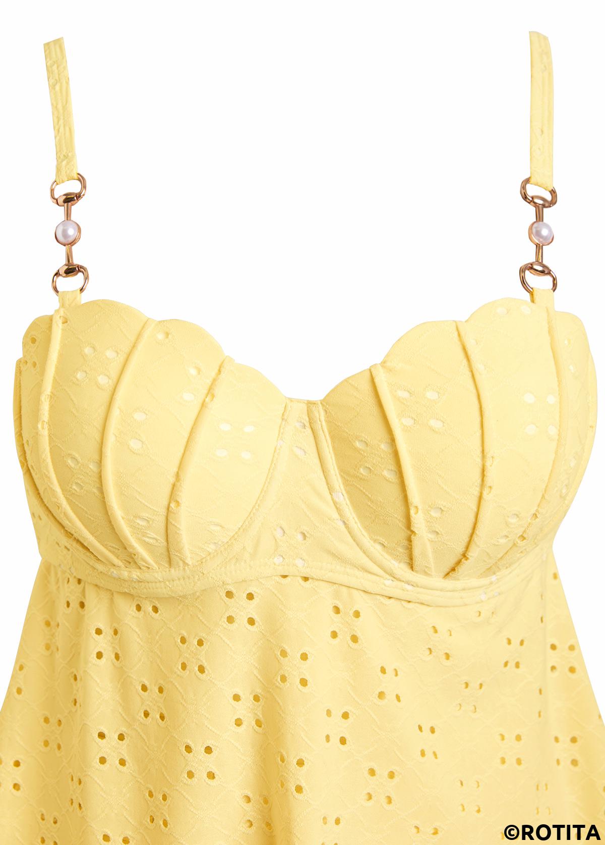 Yellow swimwear,Plain Color swimwear,ROTITA Jacquard Detail Bandeau Yellow Tankini Set