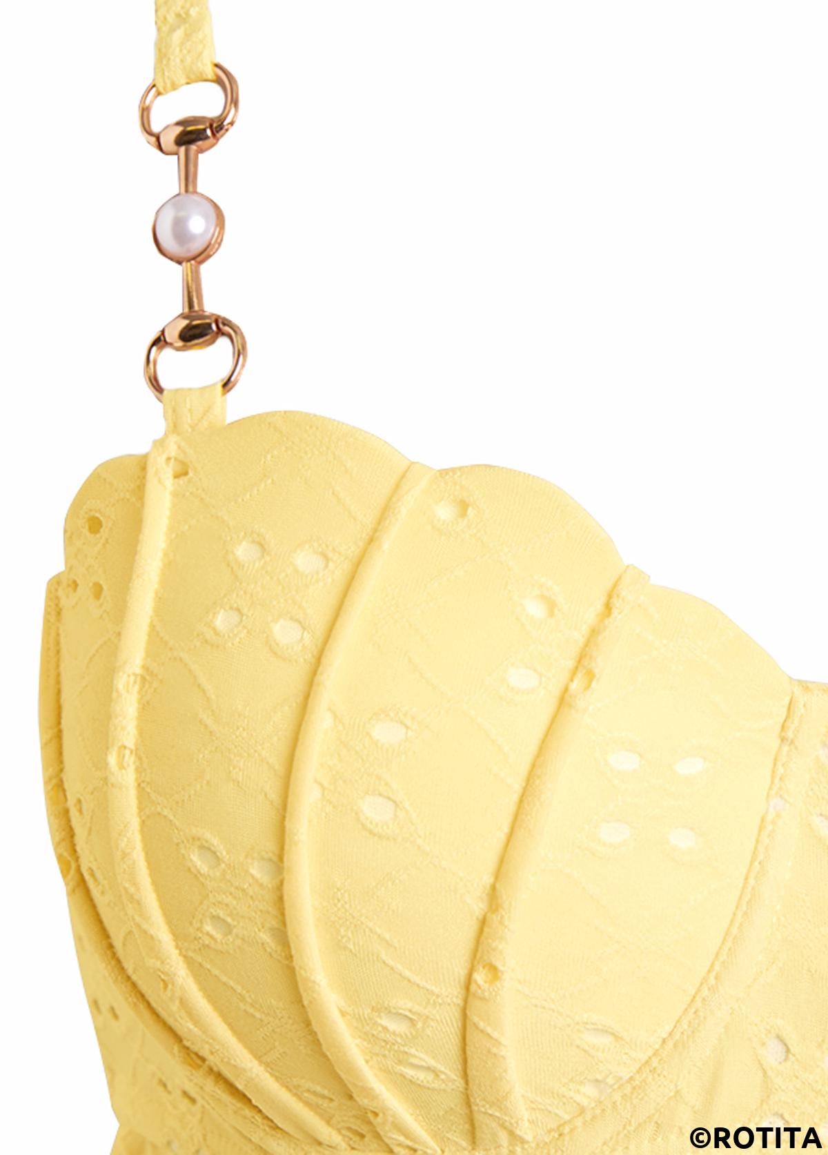 Yellow swimwear,Plain Color swimwear,ROTITA Jacquard Detail Bandeau Yellow Tankini Set