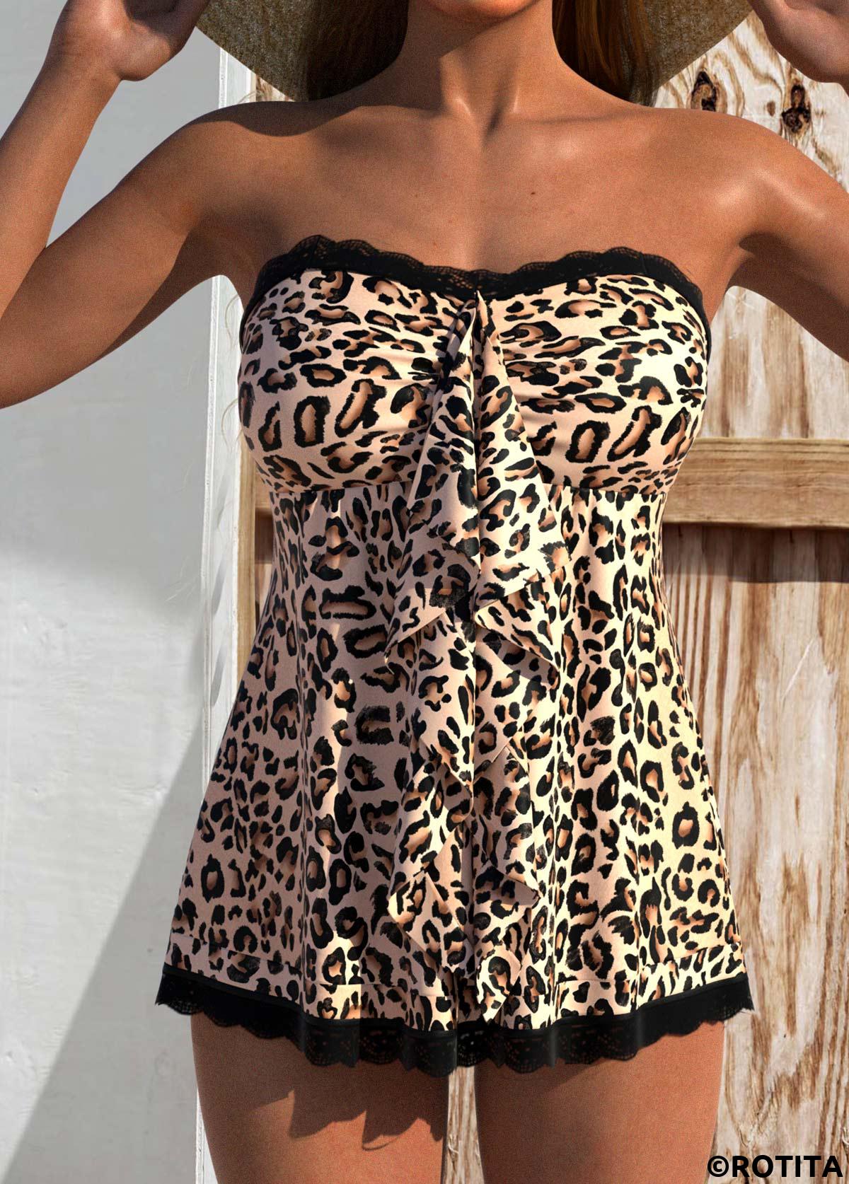 Light Camel swimwear,Leopard swimwear,Animal Print swimwear,ROTITA Lace Light Camel Leopard Tankini Top