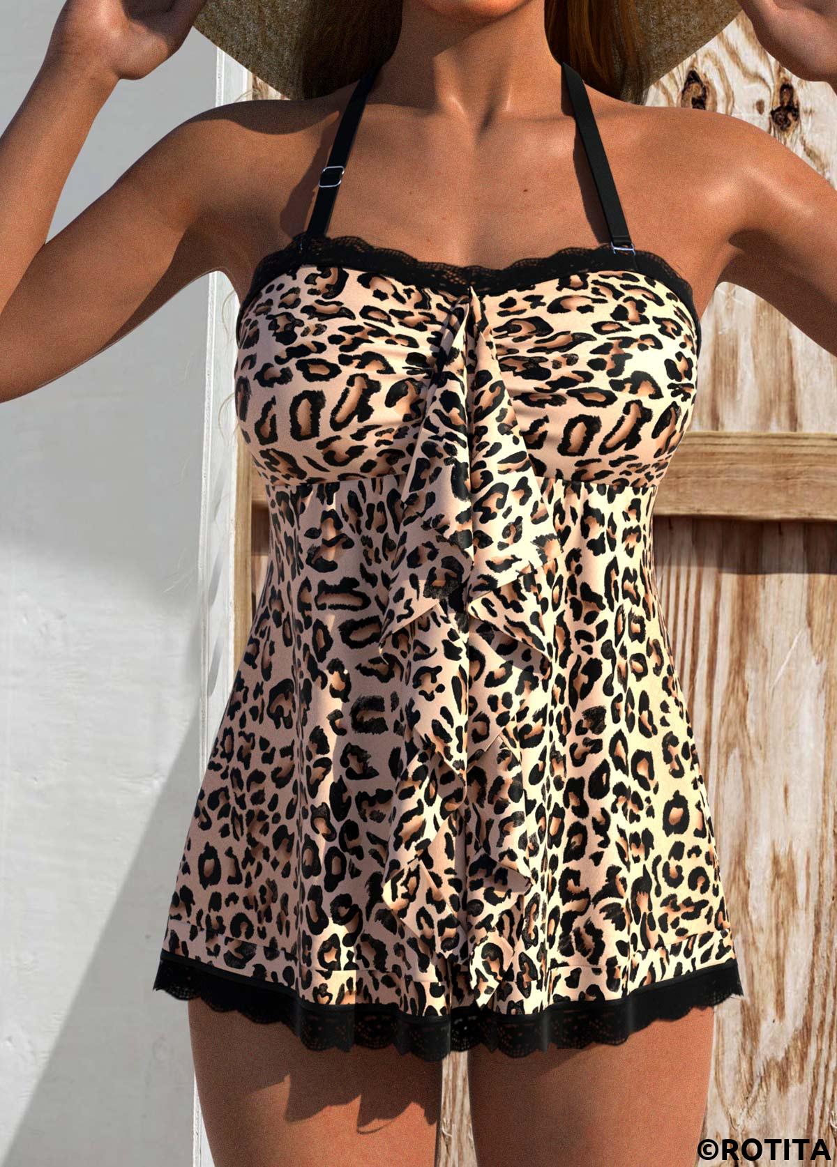 Light Camel swimwear,Leopard swimwear,Animal Print swimwear,ROTITA Lace Light Camel Leopard Tankini Top