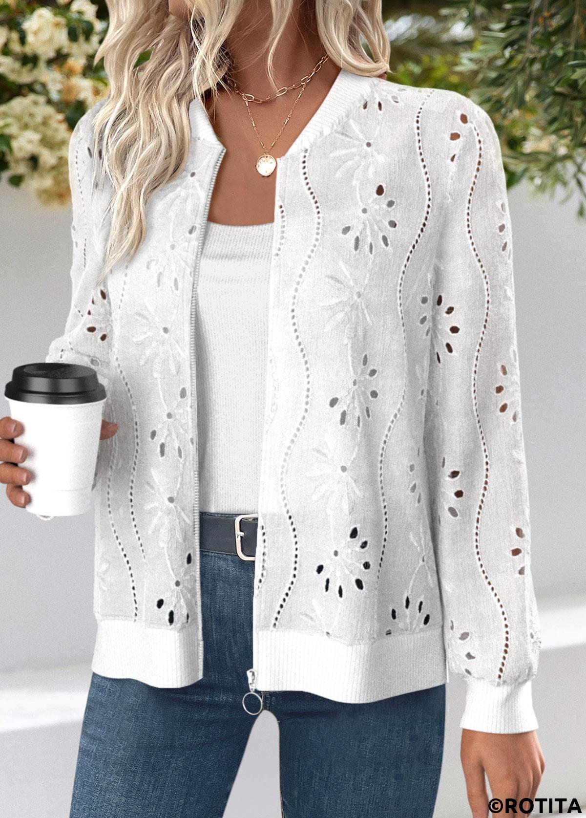 White plus size,Plain Color plus size,ROTITA Plus Size Jacquard White Stand Collar Track Jacket