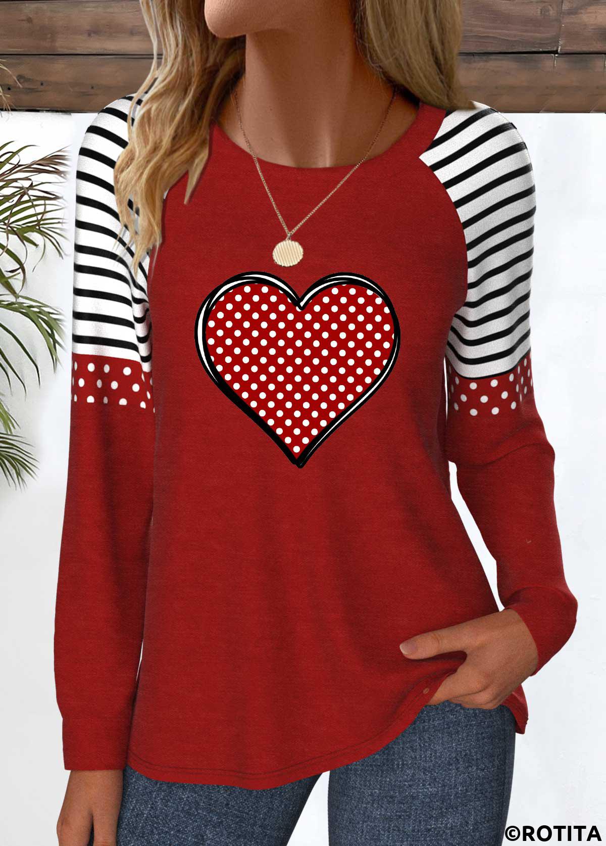 T-shirt col rond rouge vin à imprimé coeur patchwork Rotita