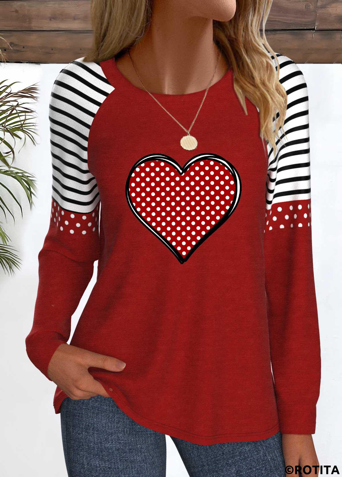 T-shirt col rond rouge vin à imprimé coeur patchwork Rotita