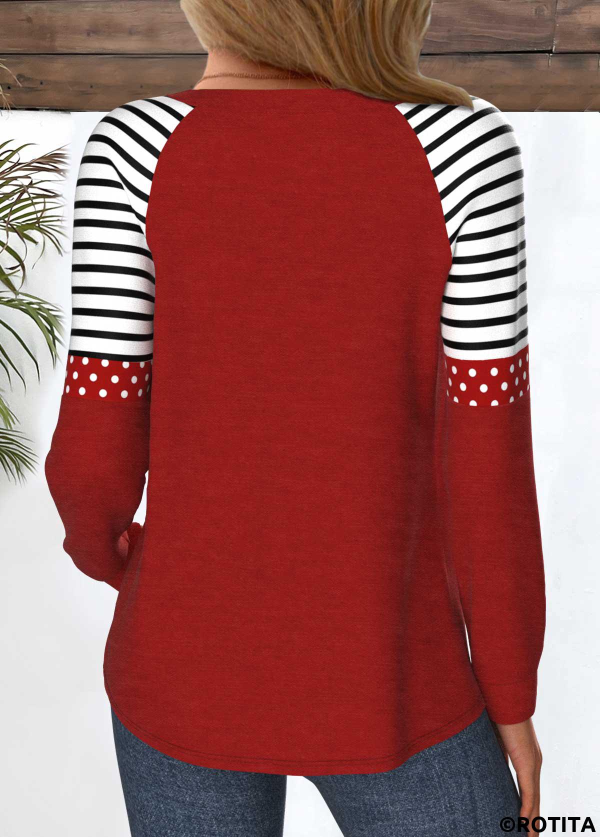 T-shirt col rond rouge vin à imprimé coeur patchwork Rotita