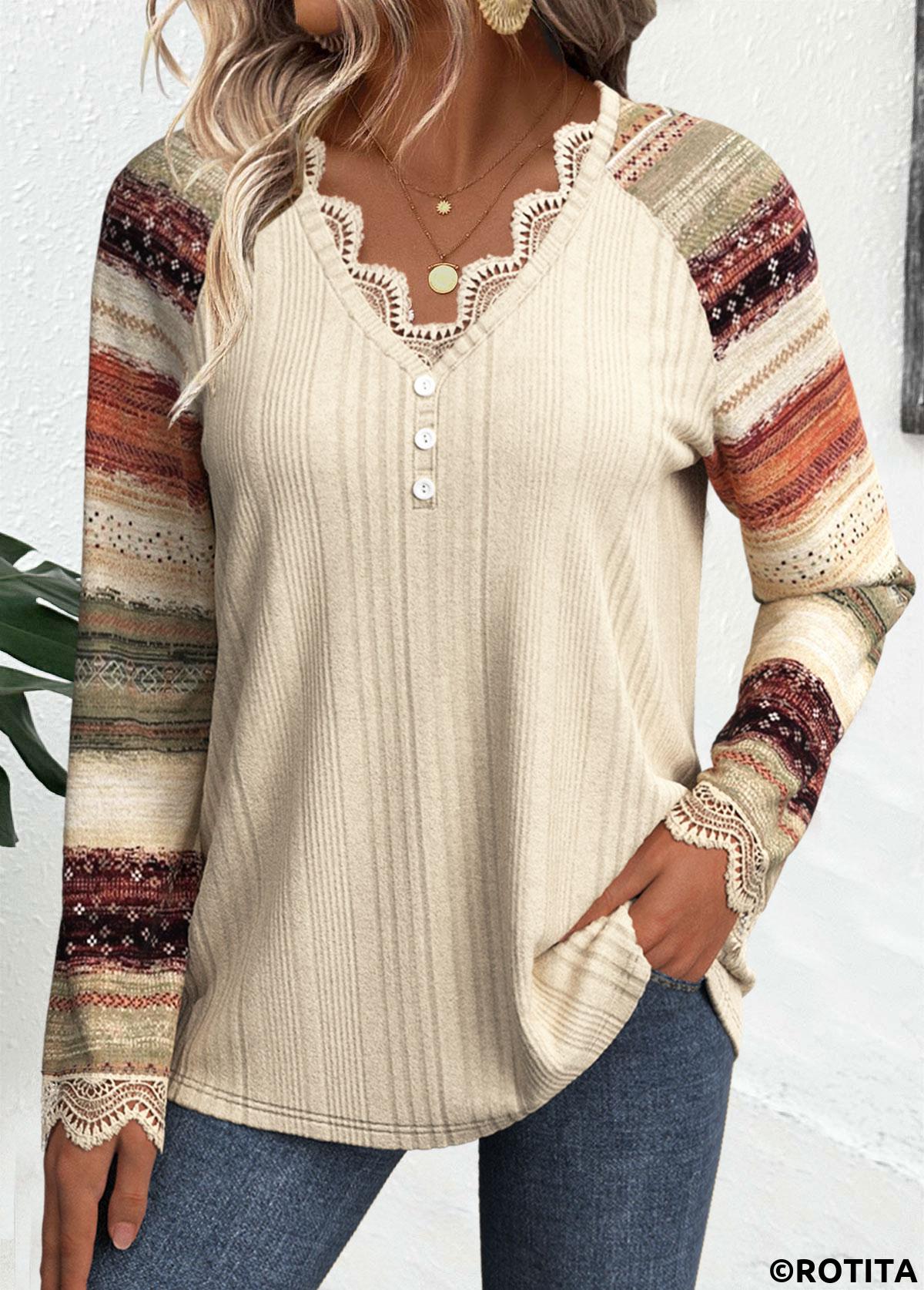 Beige plus size,Striped plus size,Geometric plus size,ROTITA Plus Size Embroidery Beige Striped V Neck T Shirt