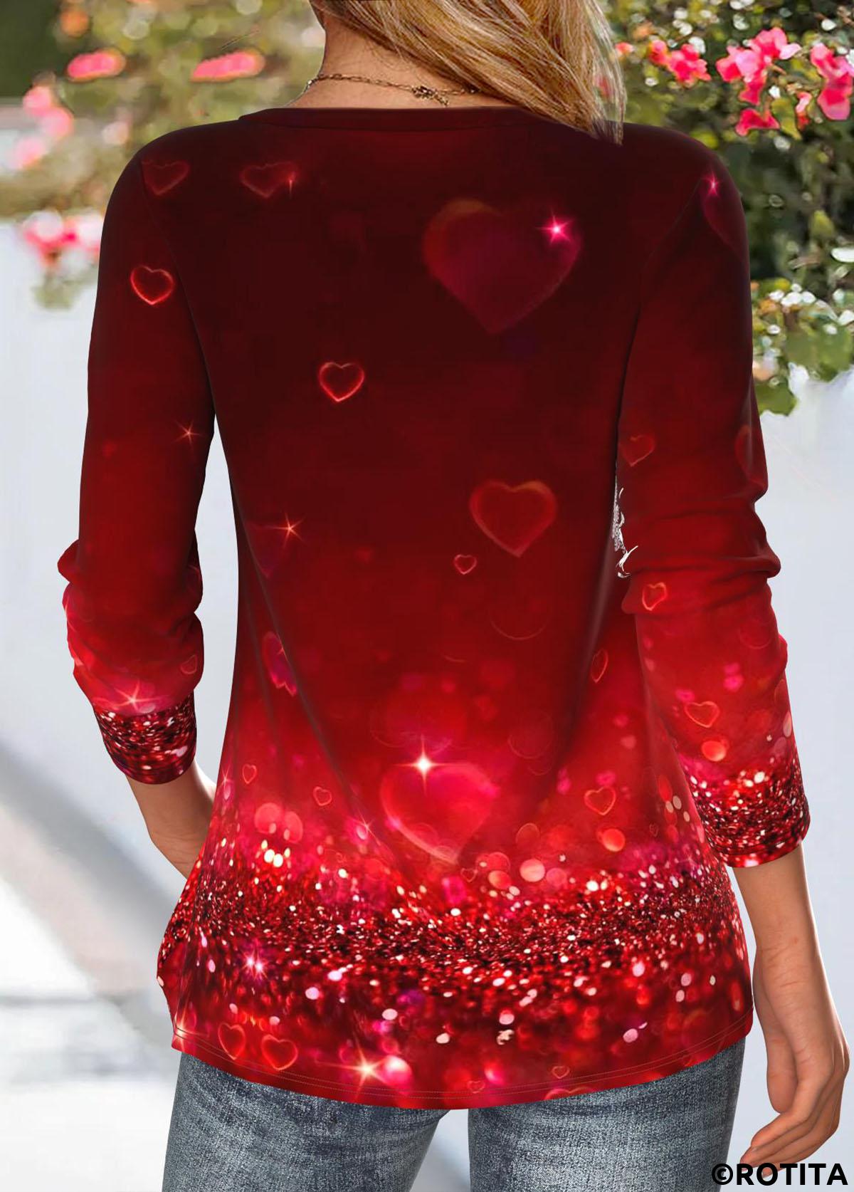 T-shirt col rond rouge foncé à imprimé coeur Rotita